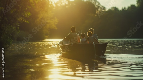Parents and children enjoying a boat ride together on a peaceful lake, surrounded by nature.