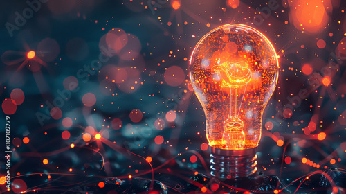 Bulb aglow with red sparks.Incandescent Bulb Amidst Vivid Red Sparks and Nebulous Threads on a Mystical Dark Blue Background.