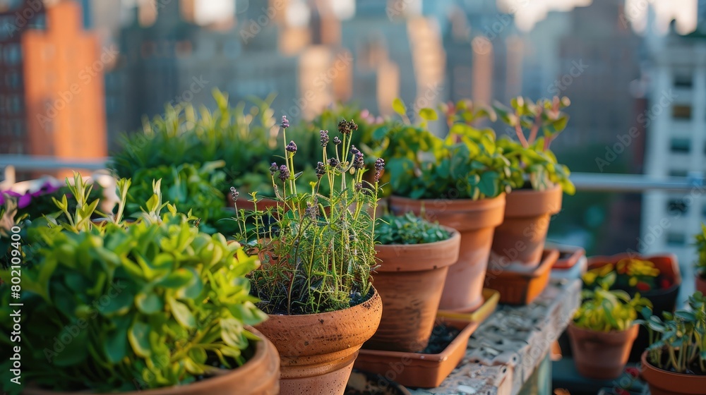 Container gardening on a city rooftop with rows of pots filled with a variety of vegetables and herbs.