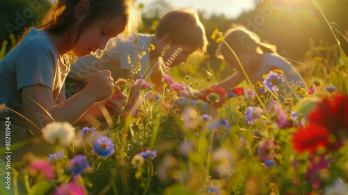 Parents and children picking wildflowers together in a sunlit meadow, creating colorful bouquets.