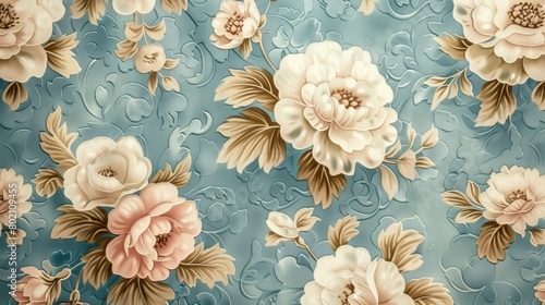 An illustration of a vintage wallpaper with a floral damask pattern, capturing the elegance of a bygone era. photo