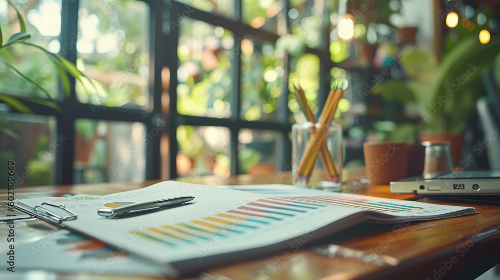 Workplace with planning toolsStrategic Planning Tools Laid Out on a Wooden Table in a Lush Green Office Environment. Workplace with planning toolsStrategic Planning Tools Laid Out on a Wooden Table in a Lush Green Office Environment.