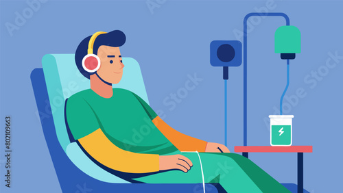 A patient reclined in a chair wearing noisecancelling headphones as they receive a ketamine infusion in a serene atmosphere..