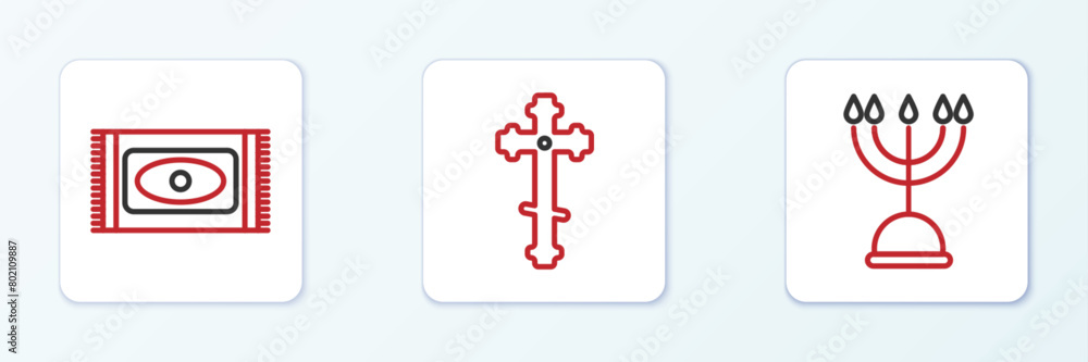 Set line Hanukkah menorah, Traditional carpet and Christian cross icon. Vector Set line Hanukkah menorah, Traditional carpet and Christian cross icon. Vector