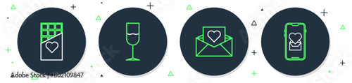 Set line Wine glass, Envelope with Valentine heart, Chocolate bar and Mobile icon. Vector