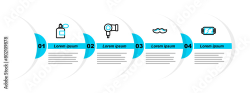 Set line Hand mirror, Mustache, Hair dryer and Aftershave bottle with atomizer icon. Vector