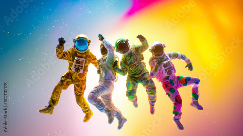 four astronauts dance on a white background with a vibrant yellow gradient, exuding brightness, fun, and spectacle in a dynamic display of movement and energy. © Pavel Lysenko
