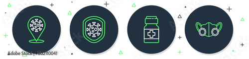 Set line Shield protecting from virus, Medicine bottle and pills, Corona 2019-nCoV on location and Medical protective mask icon. Vector