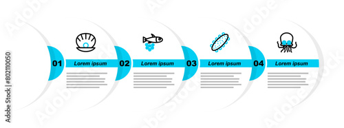 Set line Octopus, Sea cucumber, Fish with caviar and Shell pearl icon. Vector