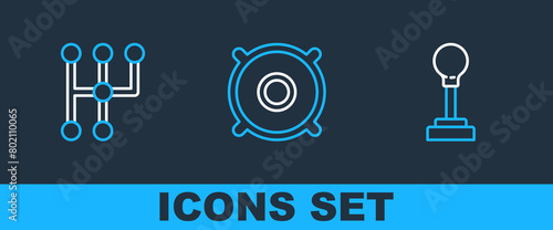 Set line Gear shifter, and Car audio speaker icon. Vector
