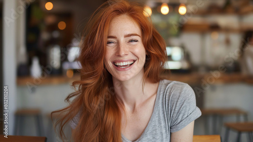 A beautiful woman with long red hair, wearing a grey t-shirt, laughs and poses for the camera in a cozy cafe setting.