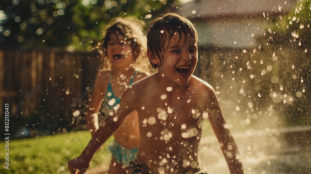Obraz premium Siblings playing in a backyard sprinkler on a hot summer day, laughing as they run through the water.