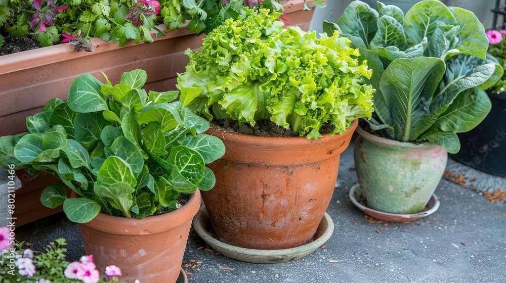 Freshly planted container garden with lettuce, carrots, and radishes growing in pots on a sunny terrace. Freshly planted container garden with lettuce, carrots, and radishes growing in pots on a sunny terrace.