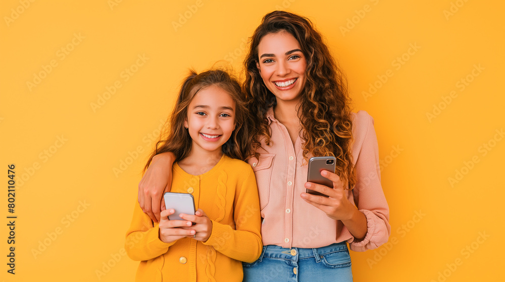 A heartwarming image features a happy mother and daughter smiling at the camera while holding phones in their hands, showcasing modern connectivity and familial joy in a digital A heartwarming image features a happy mother and daughter smiling at the camera while holding phones in their hands, showcasing modern connectivity and familial joy in a digital