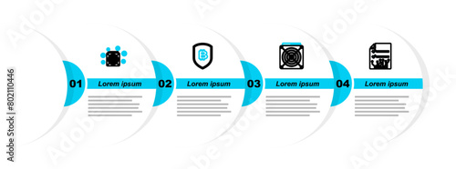 Set line Smart contract, ASIC Miner, Shield with bitcoin and icon. Vector