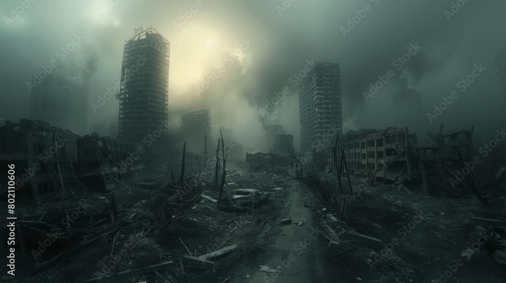 A scene depicting the aftermath of a nuclear explosion, with survivors ...