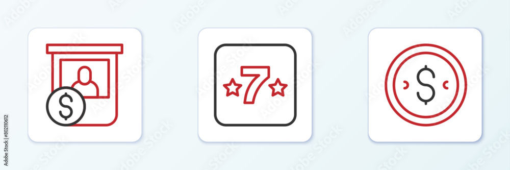 Set line Coin money with dollar, Casino chips exchange and slot machine icon. Vector Set line Coin money with dollar, Casino chips exchange and slot machine icon. Vector