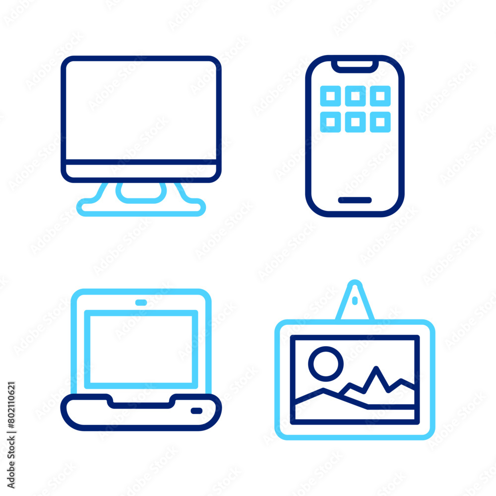 Set line Picture, Laptop, Mobile Apps and Smart Tv icon. Vector Set line Picture, Laptop, Mobile Apps and Smart Tv icon. Vector