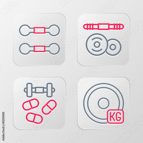 Set line Weight plate, Sports doping with dumbbell, Barbell and Dumbbell icon. Vector