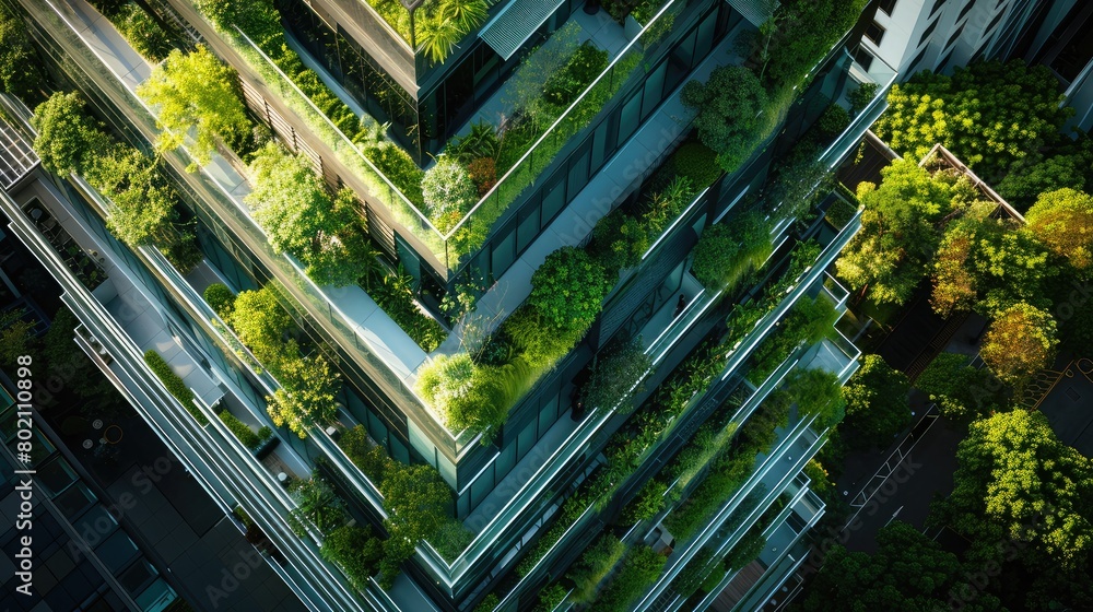 High-rise office building with rooftop gardens and green spaces, promoting sustainability and environmental awareness.
