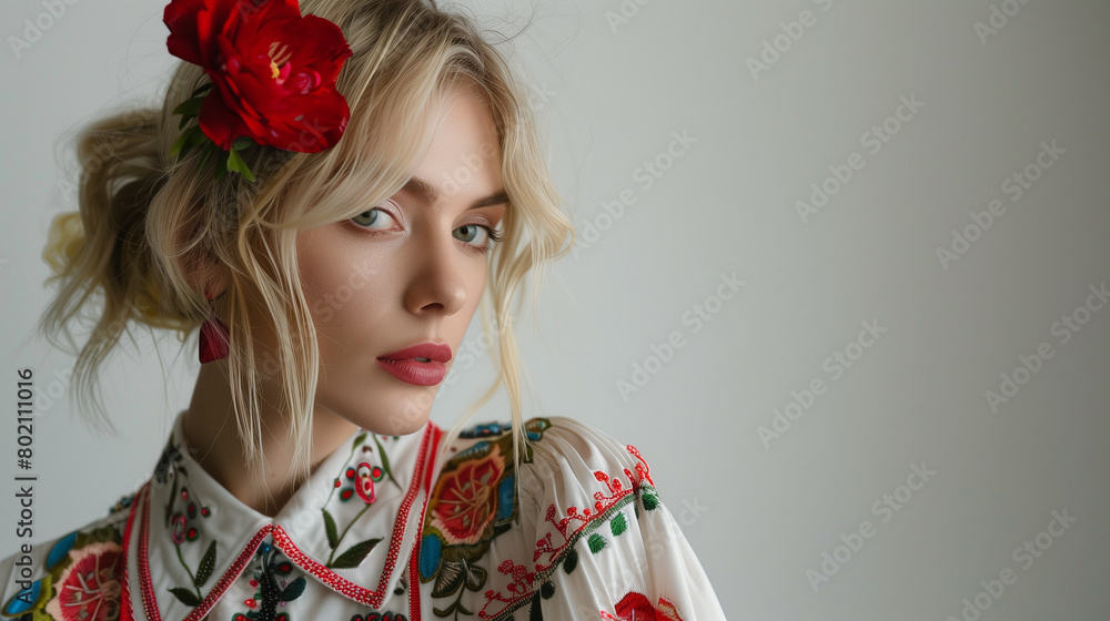 Naklejka premium Portrait of a young woman adorned in traditional Ukrainian attire, capturing the beauty and cultural richness of Ukrainian heritage