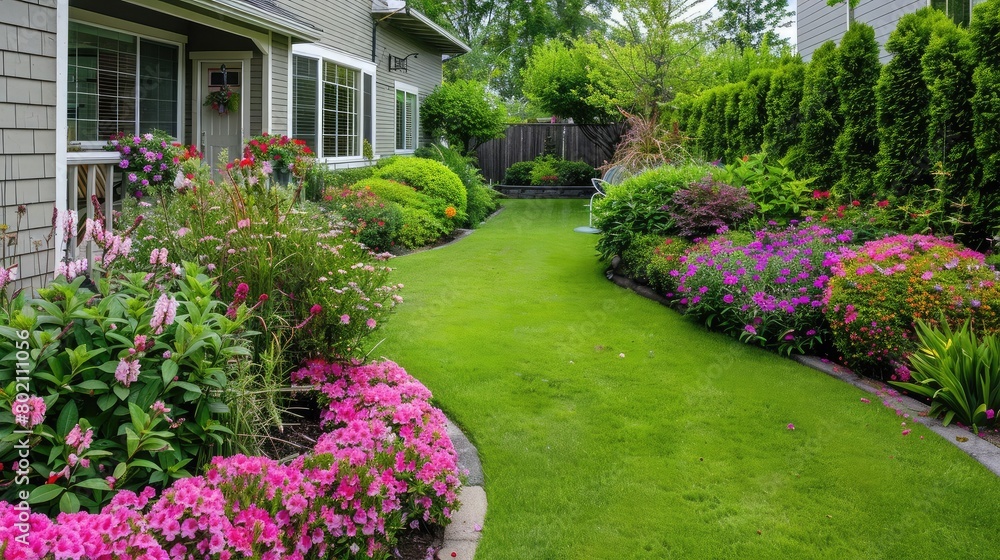 Fototapeta premium Home garden with colorful flowers and neatly trimmed shrubs, creating a serene and inviting outdoor space.