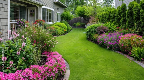 Home garden with colorful flowers and neatly trimmed shrubs, creating a serene and inviting outdoor space.