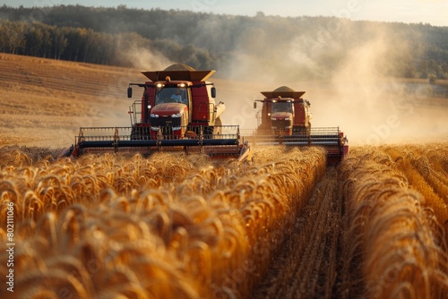 Harvesting agricultural crops in the fields with the help of modern tractors and combines, AI generated