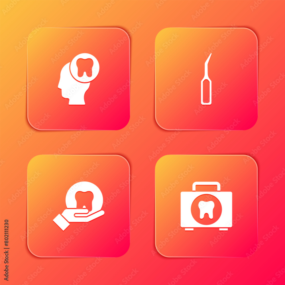 Set Human head with tooth, Dental explorer scaler, Tooth and First aid kit icon. Vector Set Human head with tooth, Dental explorer scaler, Tooth and First aid kit icon. Vector