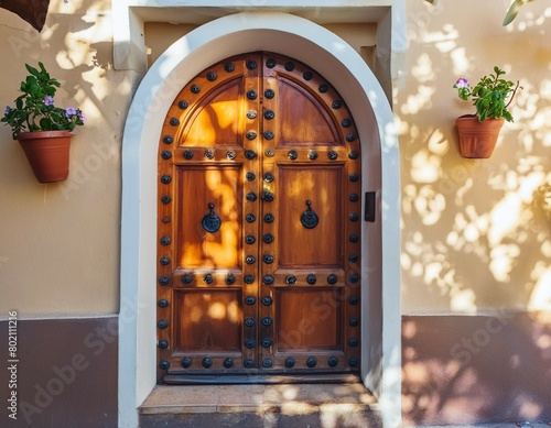 Old vintage wooden door. Travel concept. Traditional European Andalus old town building. Old historic architecture photo