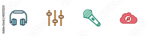 Set Headphones, Music equalizer, Microphone and streaming service icon. Vector