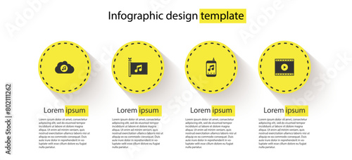 Set Music streaming service, festival flag, player and Online video. Business infographic template. Vector