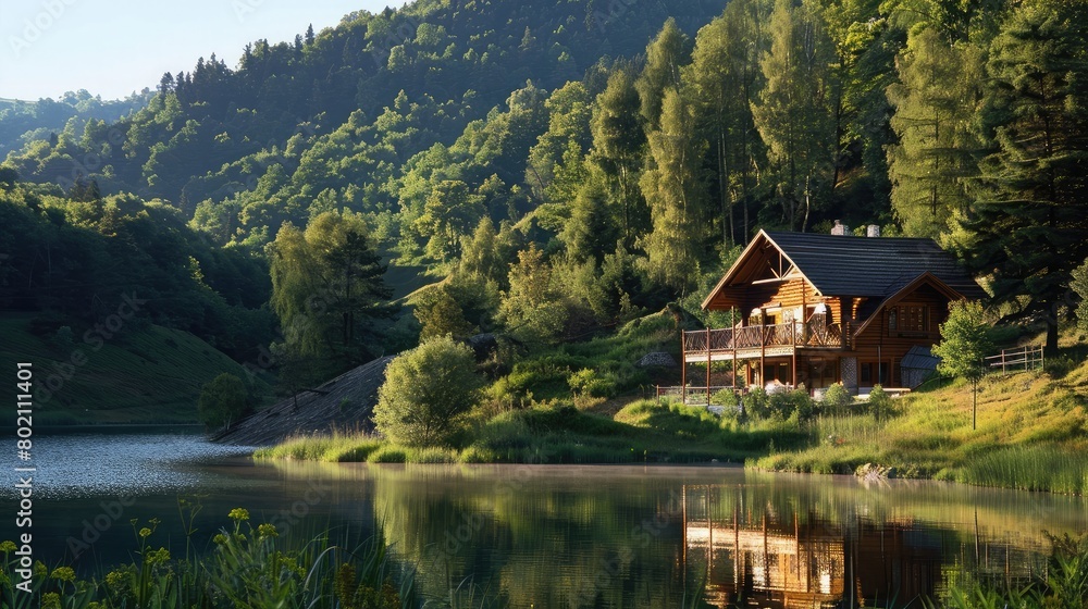 Idyllic country retreat with a wooden chalet overlooking a tranquil lake and forested hillsides.