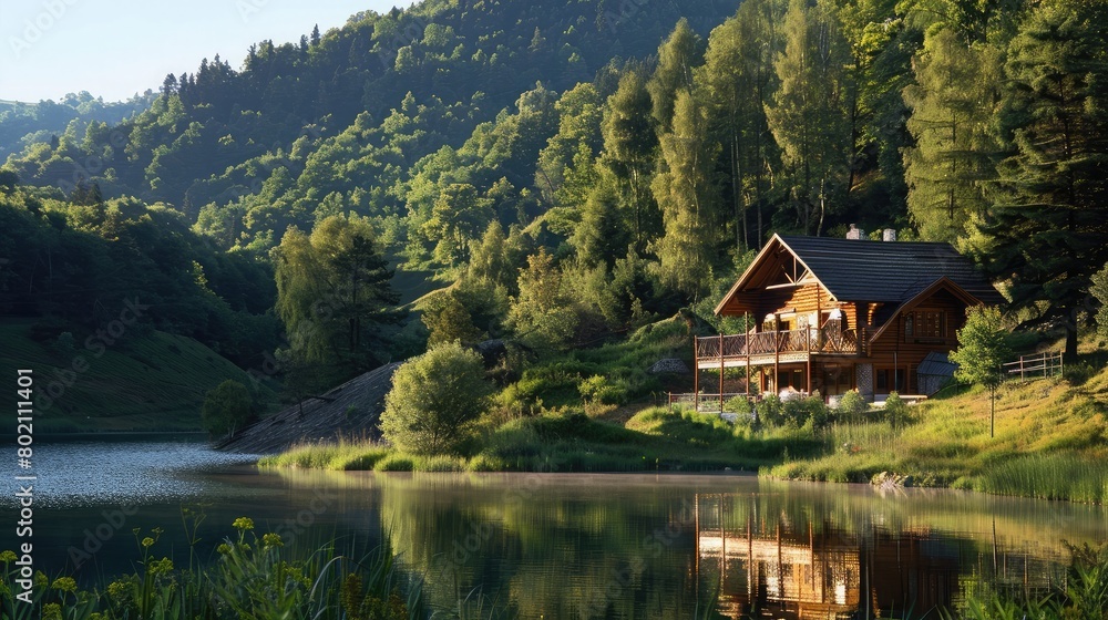Fototapeta premium Idyllic country retreat with a wooden chalet overlooking a tranquil lake and forested hillsides.