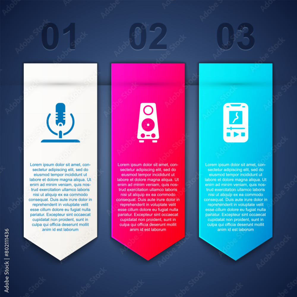 Set Microphone, Stereo speaker and Music player. Business infographic template. Vector Set Microphone, Stereo speaker and Music player. Business infographic template. Vector