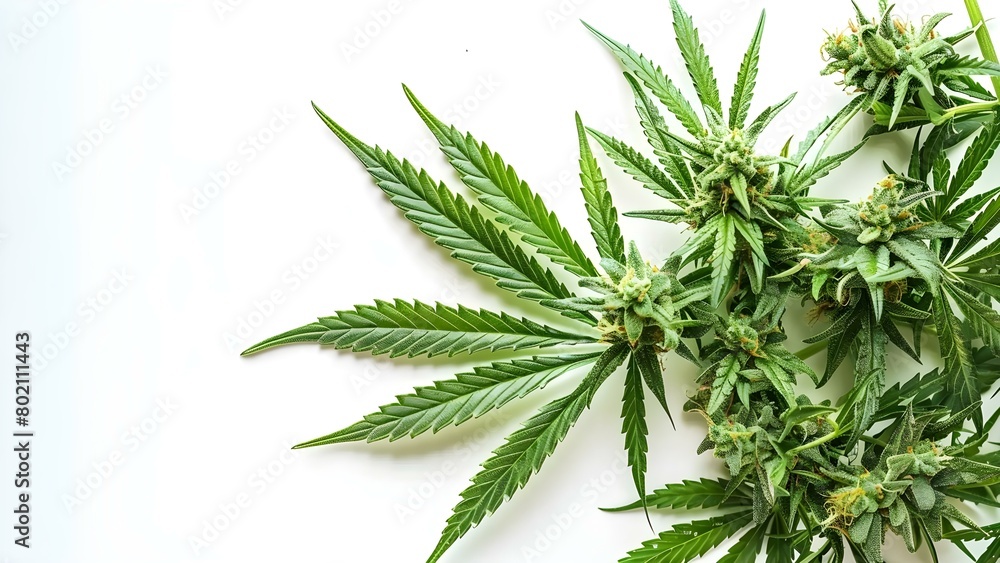 Cannabis Buds and Leaves in Isolation on White Background. Concept Cannabis, Buds, Leaves, Isolation, White Background Cannabis Buds and Leaves in Isolation on White Background. Concept Cannabis, Buds, Leaves, Isolation, White Background