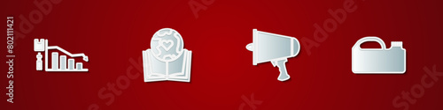 Set Ecology infographic, Earth globe and book, Spread the word, megaphone and Canister for machine oil icon. Vector