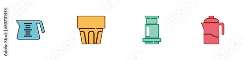 Set Coffee pot, Glass with water, Aeropress coffee and French icon. Vector