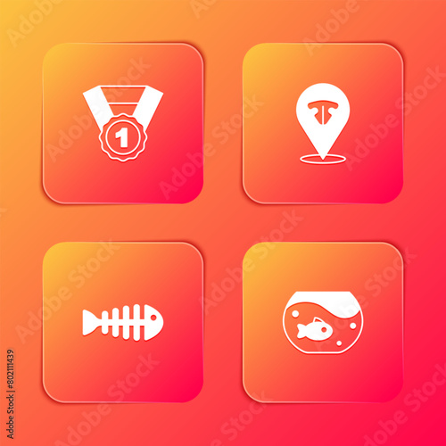 Set Dog award symbol, Cat nose, Fish skeleton and Aquarium with fish icon. Vector