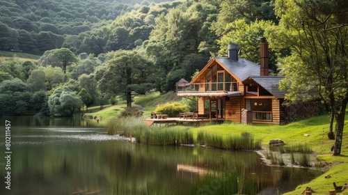 Idyllic country retreat with a wooden chalet overlooking a tranquil lake and forested hillsides.