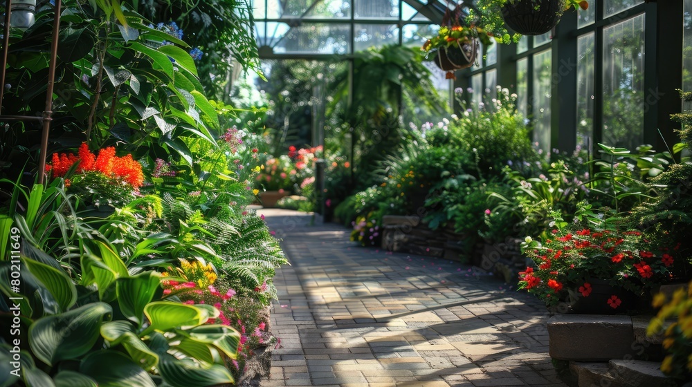 Indoor botanical garden with a variety of flowering plants and trees, offering a peaceful retreat from urban life.