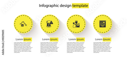 Set Dollar rate decrease, Drop in crude oil price, Employee dismissal and Pie chart infographic. Business infographic template. Vector