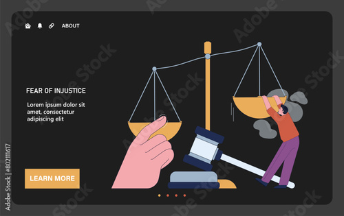 Fear of injustice web or landing dark or night mode. Character struggles