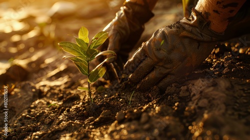 Hands Planting Young Tree in Sunlit Soil in Ecological Conservation Effort. Generative ai photo