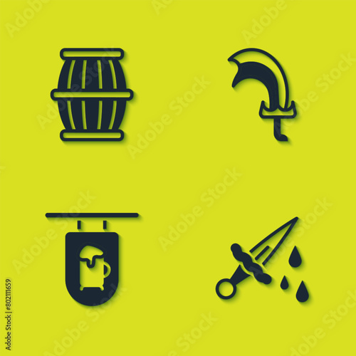 Set Gun powder barrel, Sword with blood, Street signboard Bar and for game icon. Vector