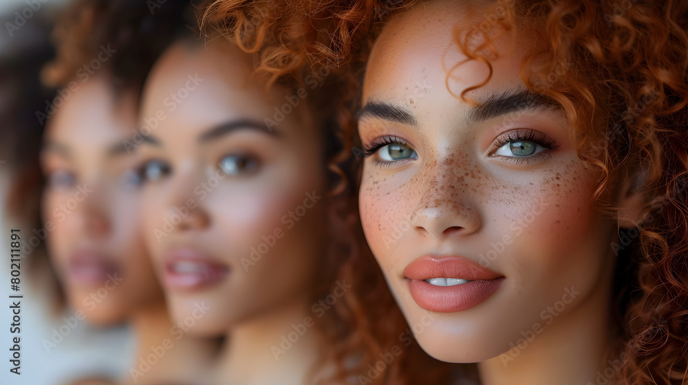 Diverse Women with Curly Hair and Freckles Radiate Confidence in Close-up Portrait Diverse Women with Curly Hair and Freckles Radiate Confidence in Close-up Portrait