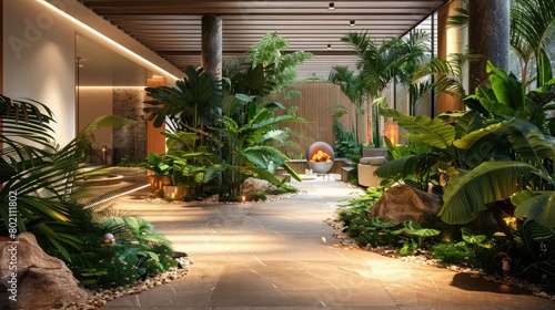 Indoor garden with lush greenery and potted plants, enhancing the ambiance and air quality of the building.