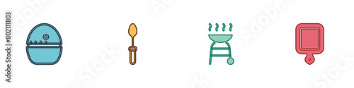 Set Kitchen timer, Teaspoon, Barbecue grill and Cutting board icon. Vector