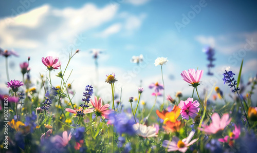 A beautiful spring meadow with colorful wildflowers in the foreground, with a blue sky in the background
