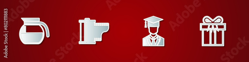 Set Coffee pot, Camera film roll cartridge, Graduate with graduation cap and Gift box icon. Vector
